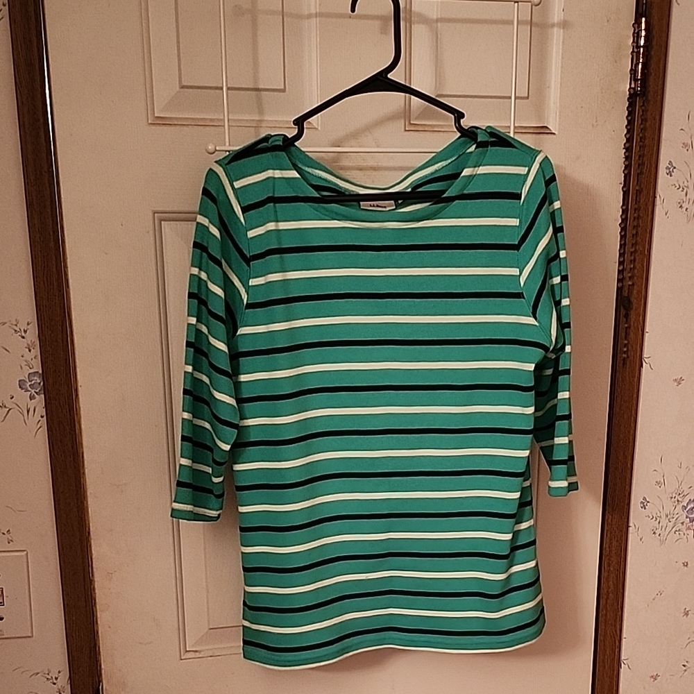L.L. Bean Women's Green and White Striped Long Sleeve Tee